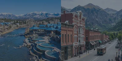 A side-by-side scenic view of the San Juan River in downtown Pagosa Springs and the vibrant historic Main Avenue in Durango, Colorado.
